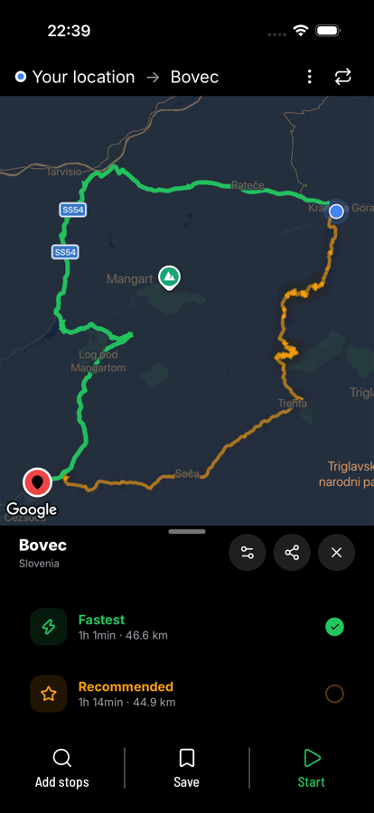 Route alternatives between two towns