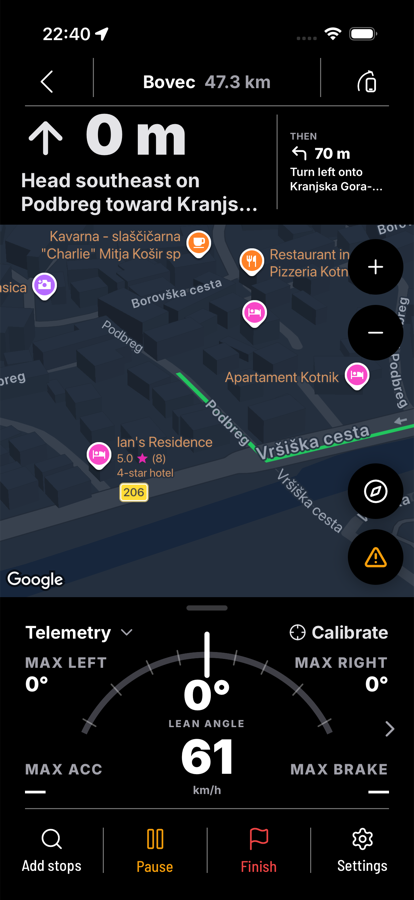 Turn-by-turn navigation with live telemetry